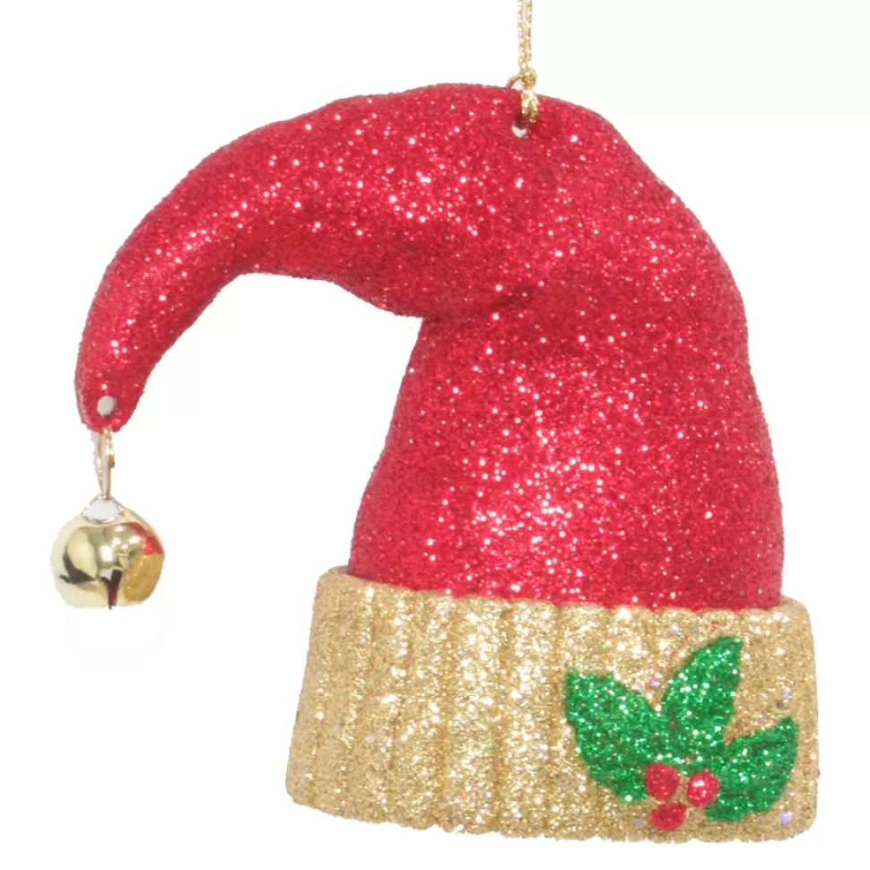 Christmas Forever ORN RED SANTA HAT 3.25″ RED/GOLD GLITTER W/ SHINY GOLD BELL