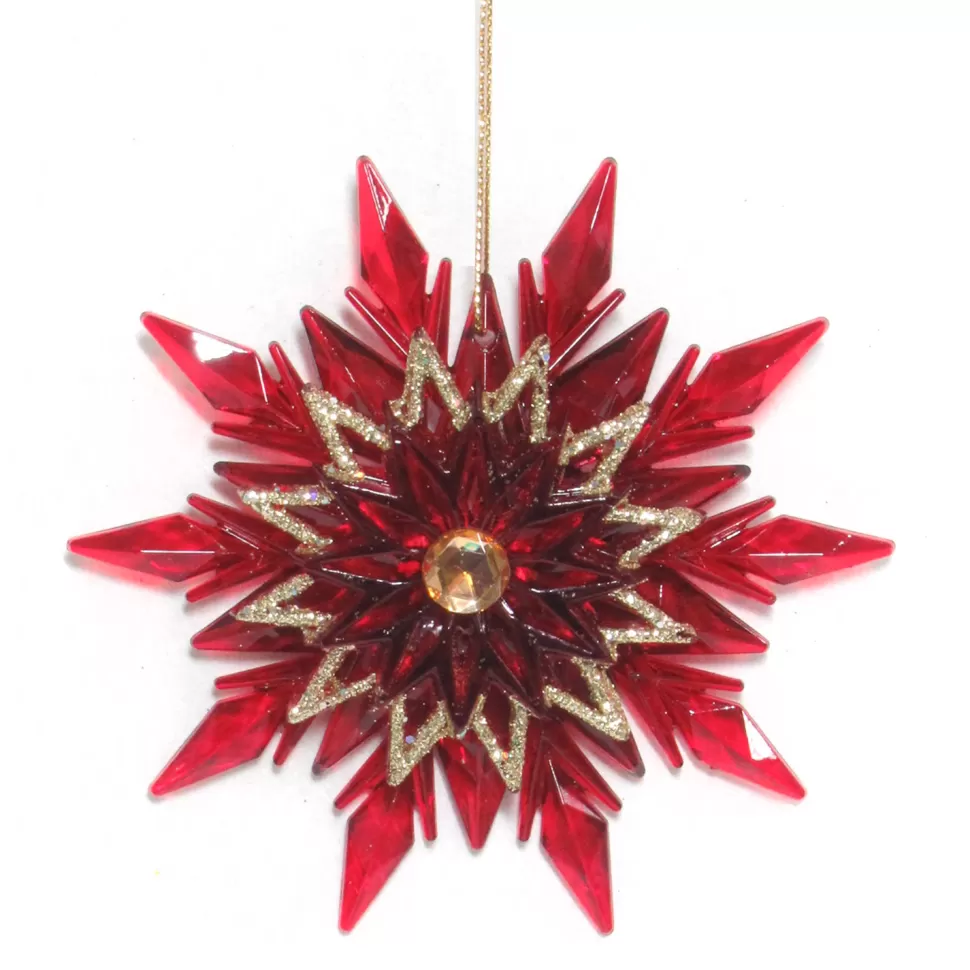 Christmas Forever ORN RED/CLEAR SNOWFLAKE W/ CHAMP GLTR 4.5″ W/ GOLD JEWEL