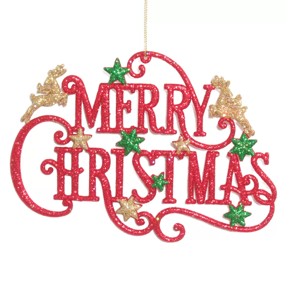 Christmas Forever ORN RED/GRN/GLD MERRY CHRISTMAS 7″x5″ “MERRY CHRISTMAS” W/ DEER, STARS, & GLTR.