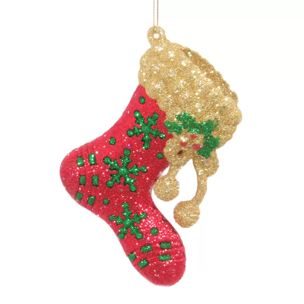 Christmas Forever ORN RED/GRN/GLD STOCKING 4.5″ W/ SNOWFLAKE & GLTR.