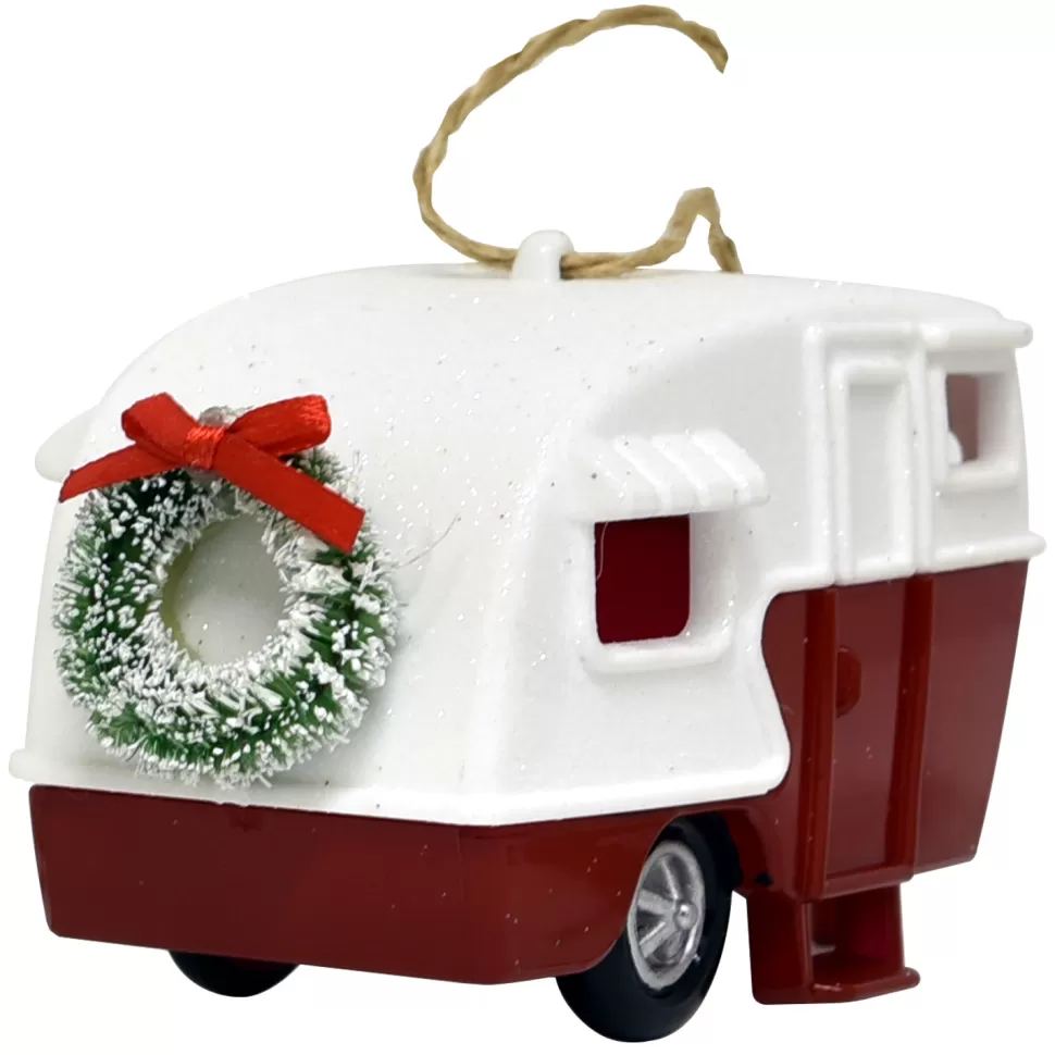 Christmas Forever ORN RED/WHITE 3-D CAMPER 4.25″ W/ WREATH & GLITTER