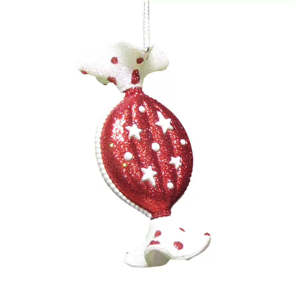 Christmas Forever ORN RED/WHITE CANDY 4″ W/ GLTR.
