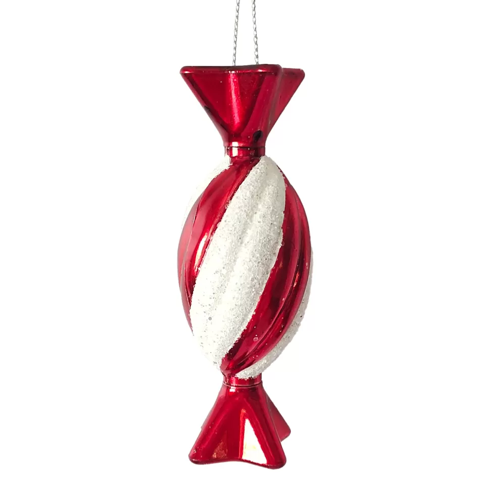 Christmas Forever ORN RED/WHITE CANDY 4″ W/ WHITE GLITTER