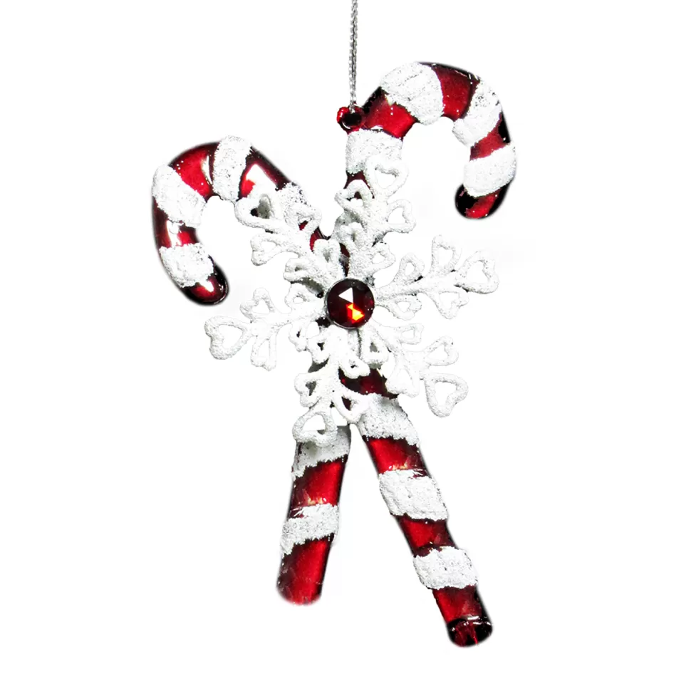 Christmas Forever ORN RED/WHITE CANDY CANE 4.5″ W/ JEWEL, SNOWFLAKE & GLTR.