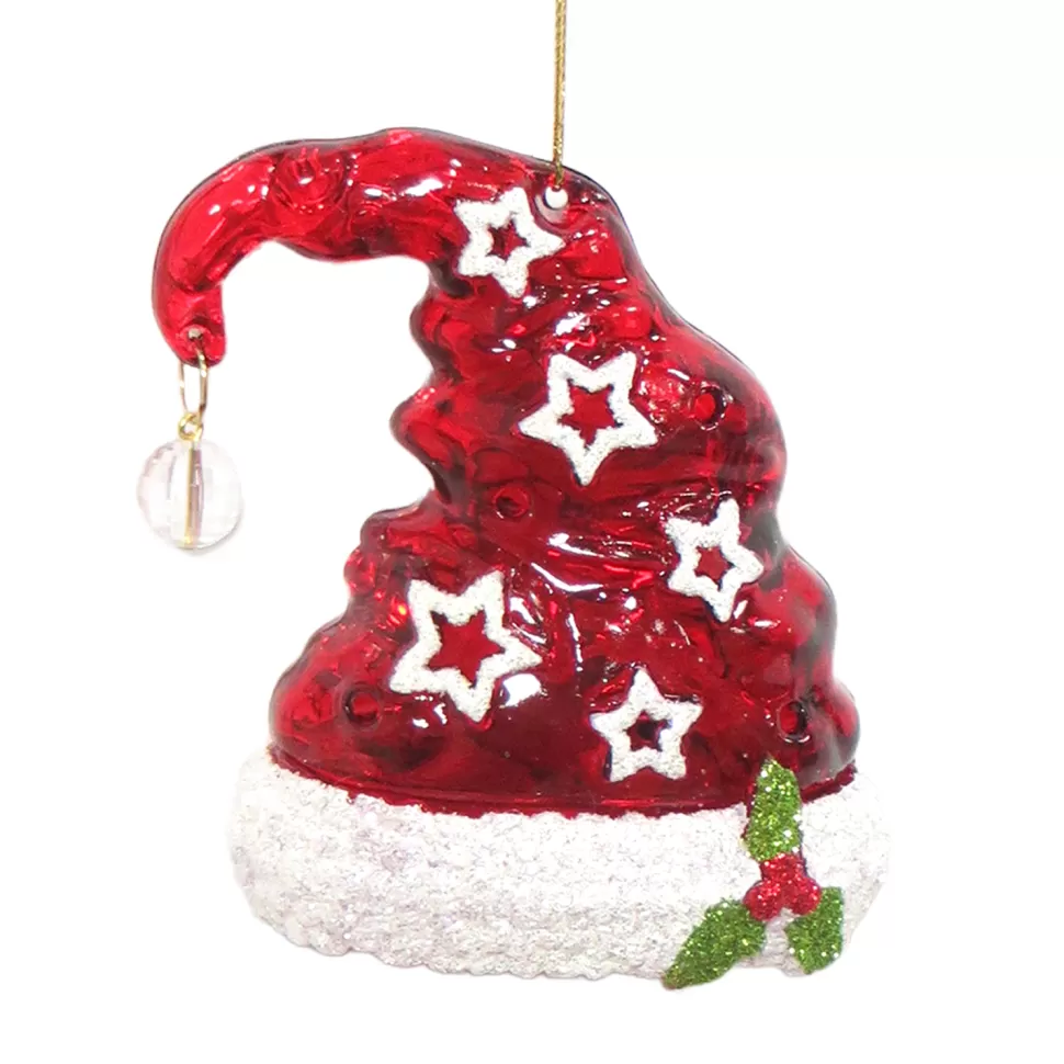 Christmas Forever ORN RED/WHITE SANTA HAT 3.5″ CLEAR W/ GLTR.