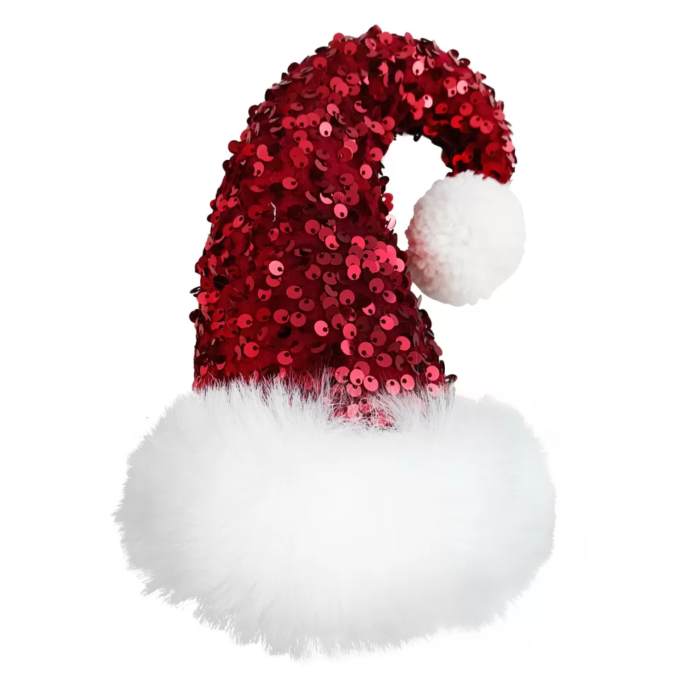 Christmas Forever ORN SANTA HAT 5″x8″ BURGUNDY FAUX FUR & SEQUINS