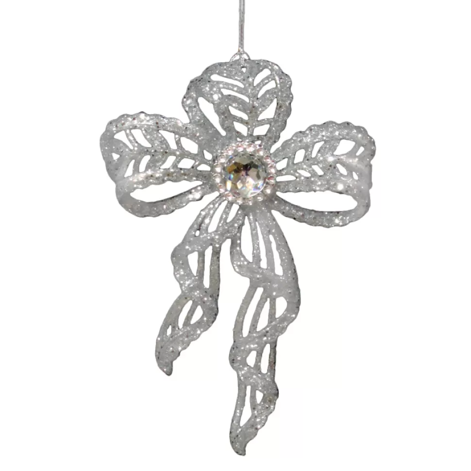 Christmas Forever ORN SILVER BOW 6″ ENGRAVED W/ JEWEL AND GLTR.