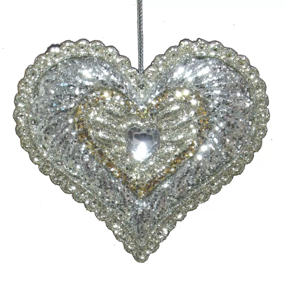 Christmas Forever ORN SILVER HEART 4″ W/ PART GOLD GLITTER & JEWEL