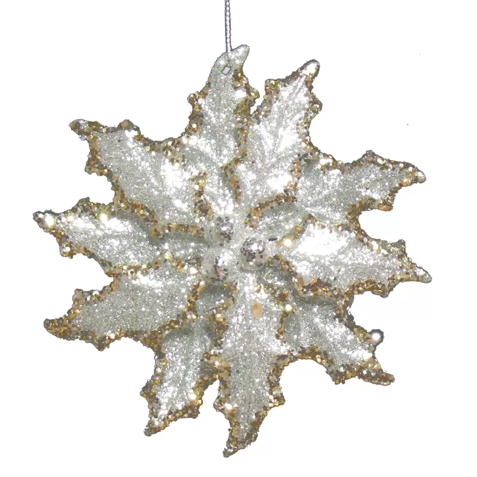 Christmas Forever ORN SILVER HOLY SNOWFLAKE 4.5″ W/ BRIGHT GLITTER & GOLD EDGE