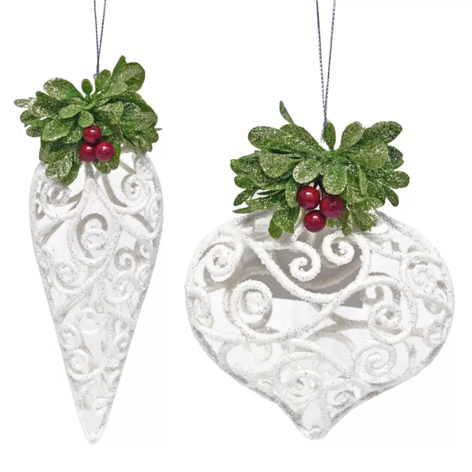Christmas Forever ORN WHITE FINIAL 6.5″/ ONION 5″ WHITE CUTOUT W/ BERRIES 2/S