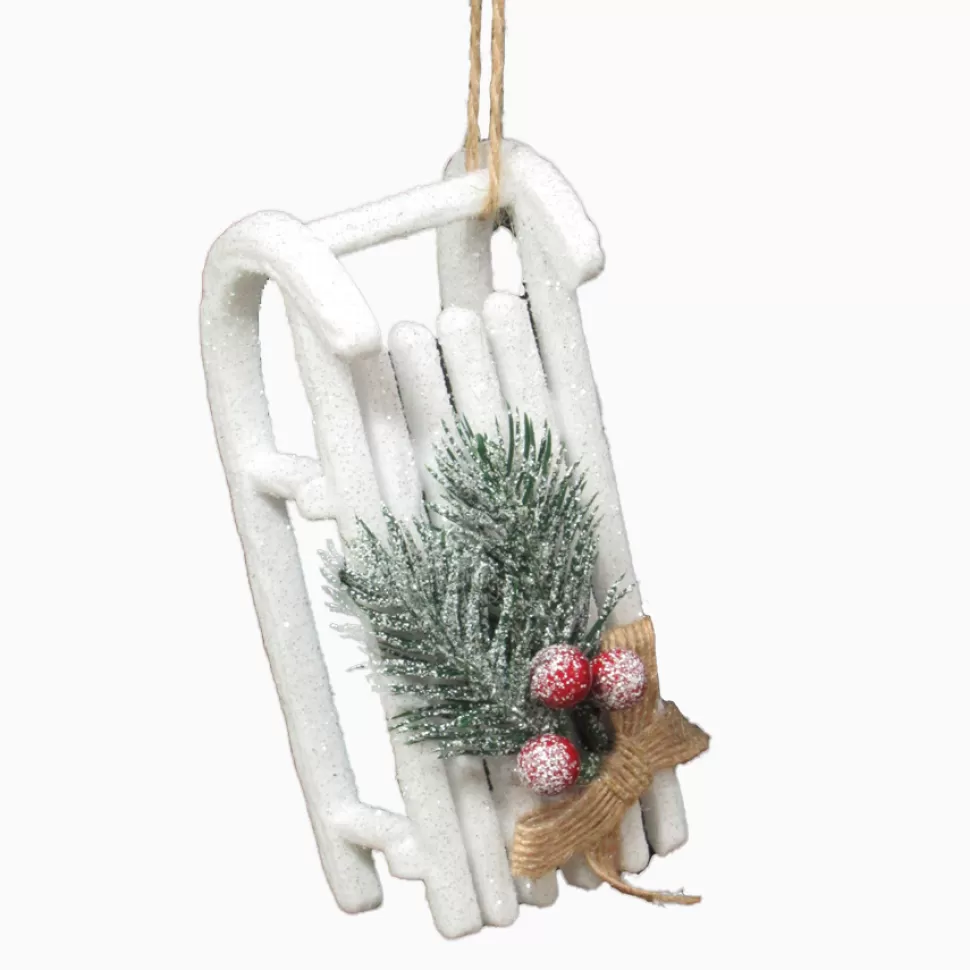 Christmas Forever ORN WHITE SLED 4.5″ W/ PINE,BERRY & GLTR.