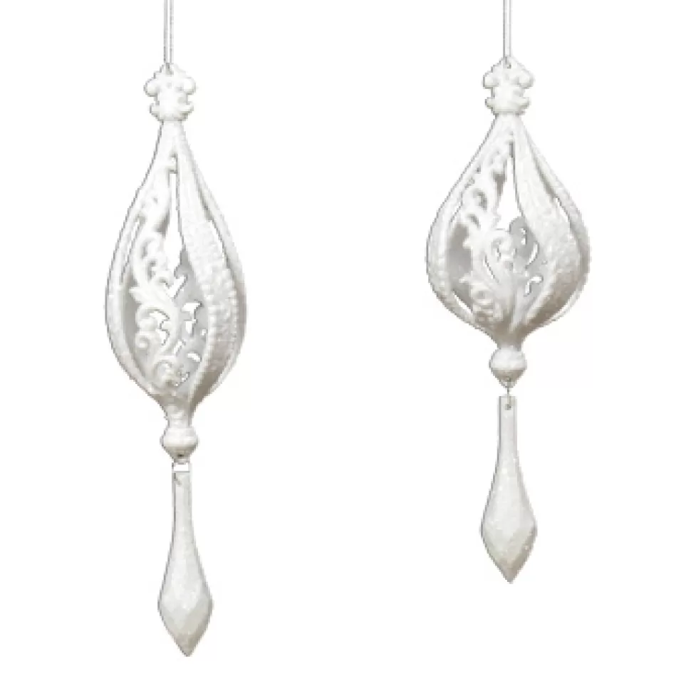 Christmas Forever ORN WHITE SPIRAL DROP 7.5″ & 8.5″ W/ GLTR. 2/S