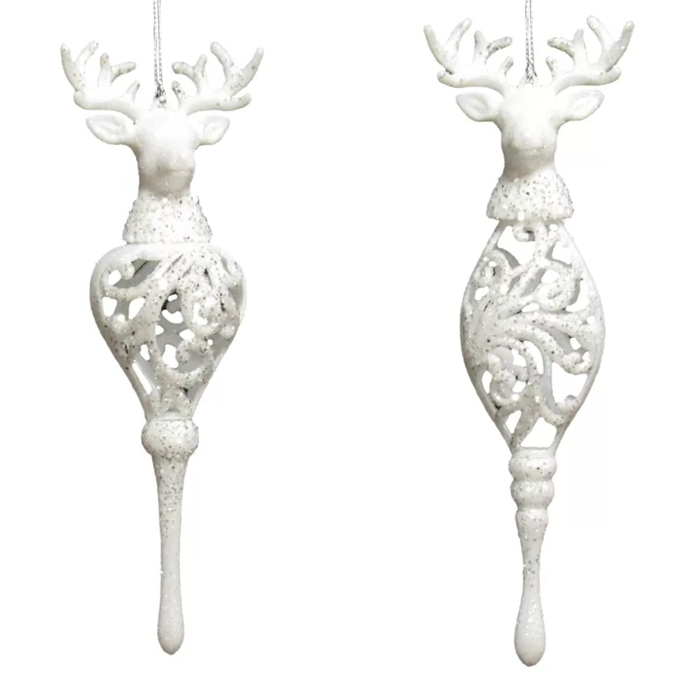 Christmas Forever ORN WHITE STAG HEAD DROP 7.5″ & 7.75″ W/ FROST GLTR. 2/S