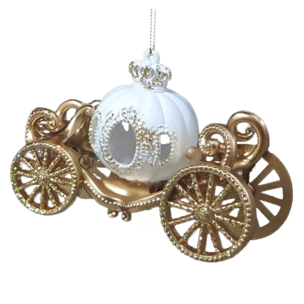 Christmas Forever ORN WHITE/GOLD CARRIAGE 3-D 5″ W/ GOLD GLITTER