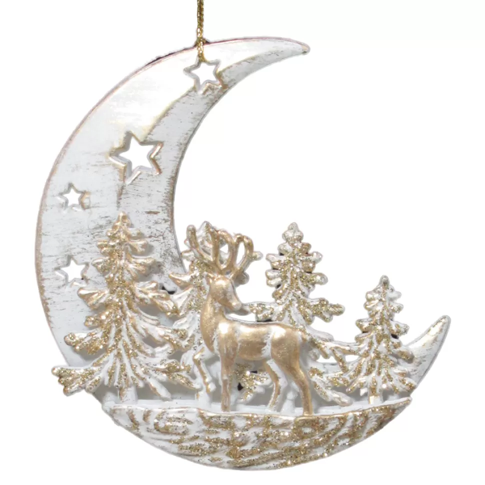 Christmas Forever ORN WHITE/GOLD MOON 4.5″ W/ TREE & DEER W/ CHAMP. GLTR.