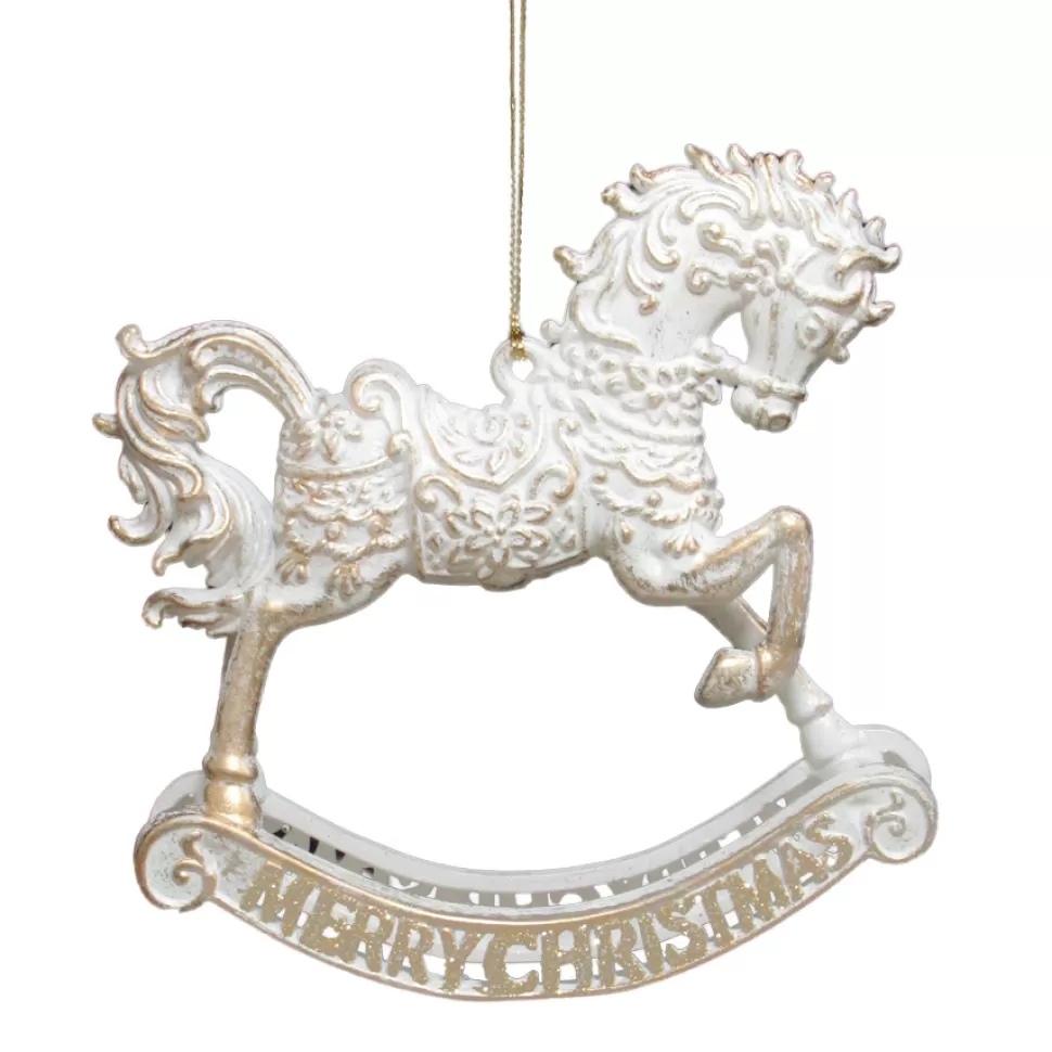 Christmas Forever ORN WHITE/GOLD ROCKING HORSE 5.25″ W/ CHAMP. GLTR.