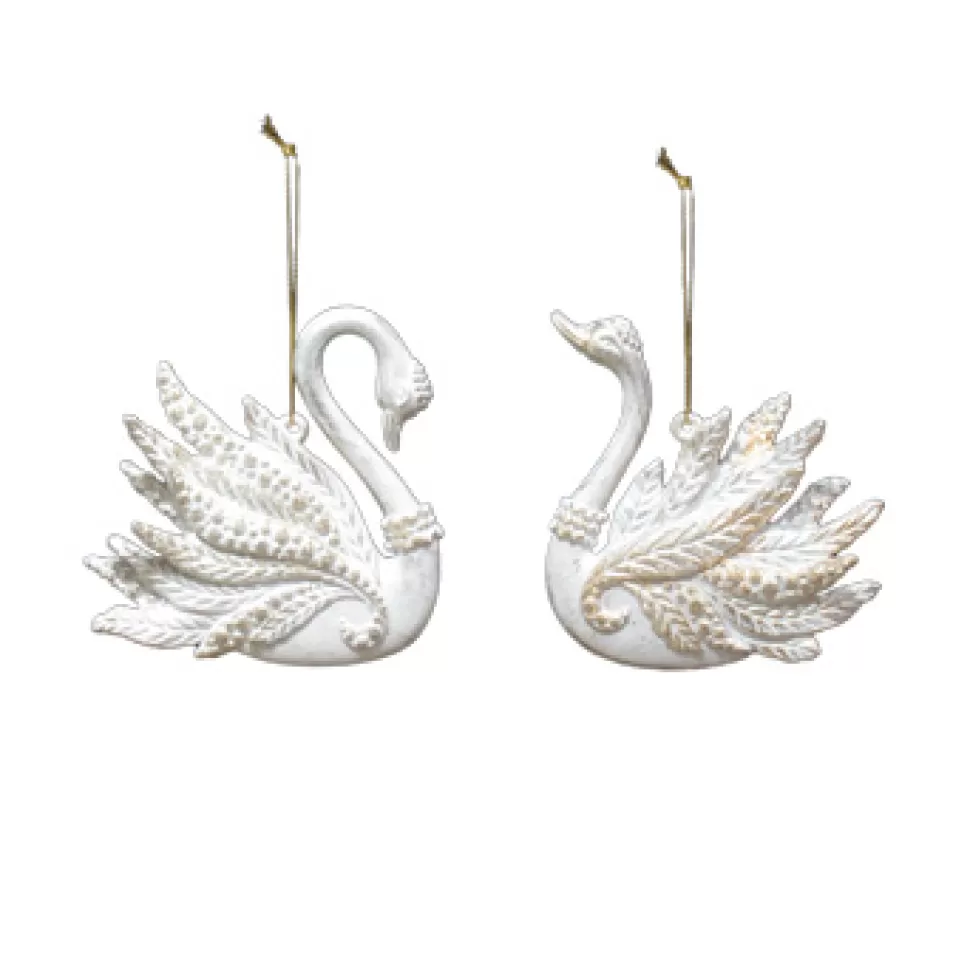 Christmas Forever ORN WHITE/GOLD SWAN 3.75″ BRUSHED W/ GLTR. 2/S