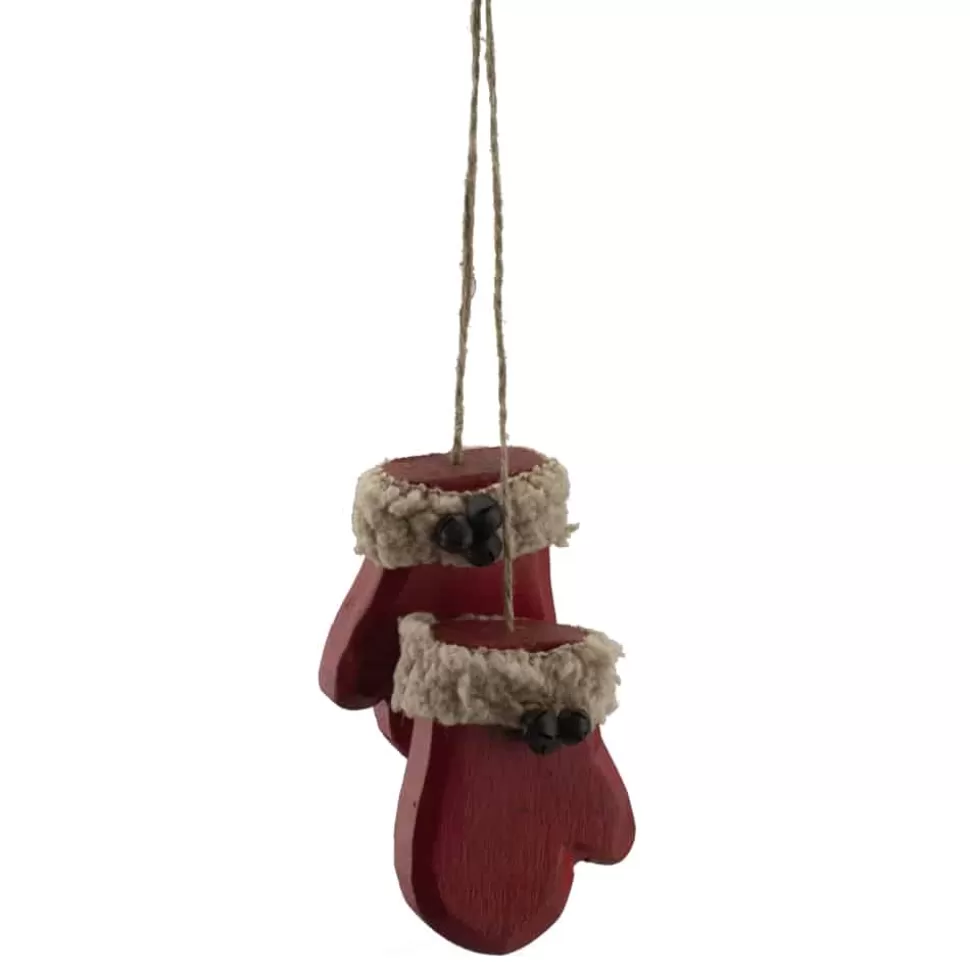 Christmas Forever ORN WINTER WOODEN MITTENS 2.75″ RED W/ FAUX FUR TRIM