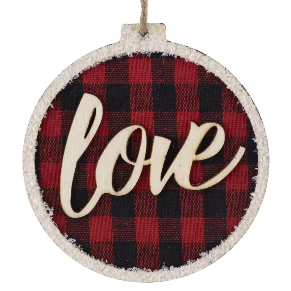 Christmas Forever ORN WOODEN DISC 4″ RED/ BLACK “LOVE” BUFFALO PLAID W/ FROSTED BORDER