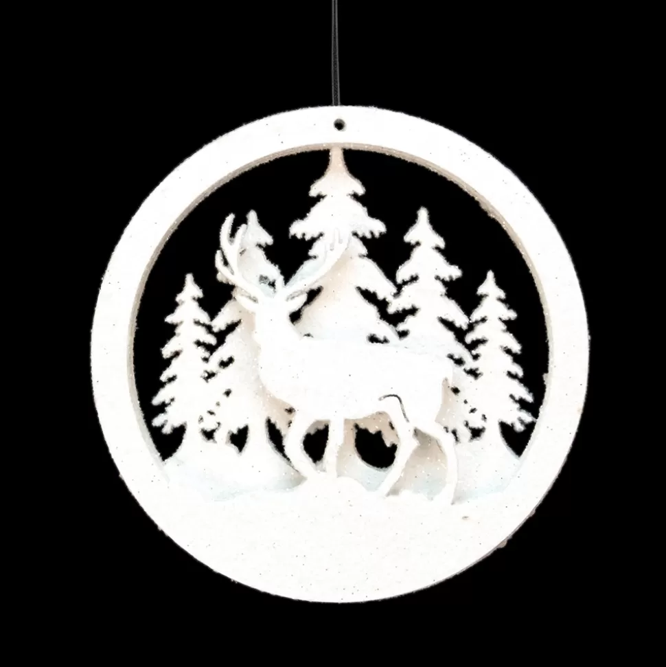 Christmas Forever ORN WOODEN DISC 4″ TREE/DEER CUT OUT WHITE