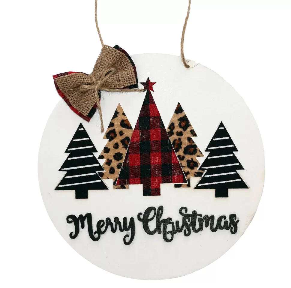 Christmas Forever ORN WOODEN DISC 8″ W/TREES RED /BLACK /WHITE