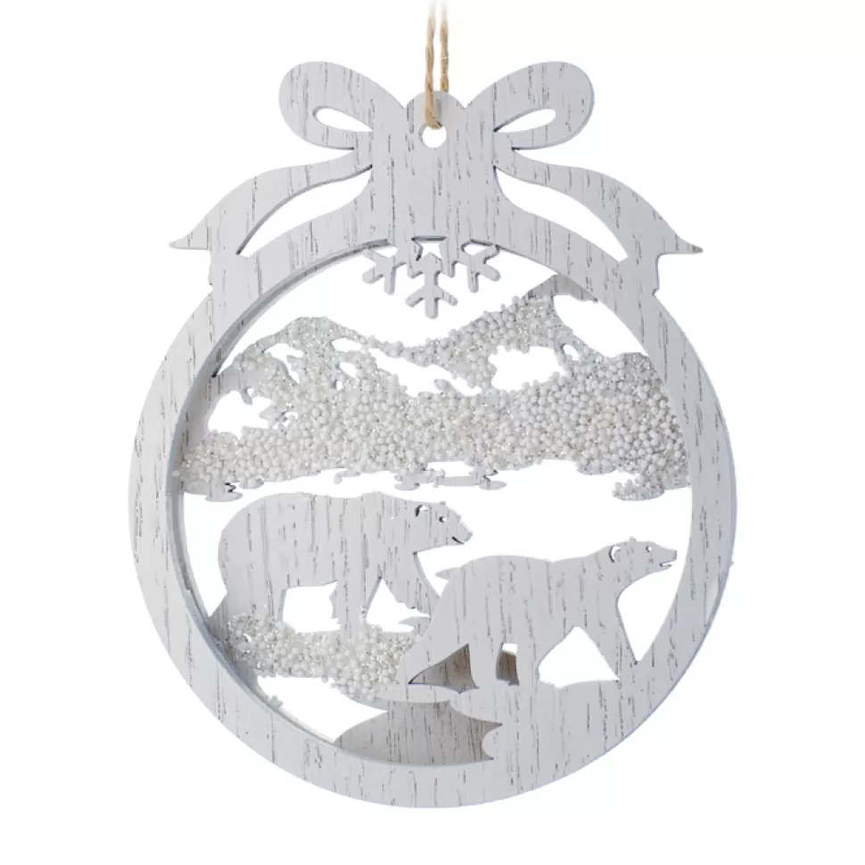 Christmas Forever ORN WOODEN DISC BEAR IN DICS 5″ WHITE WASH W/ BOW