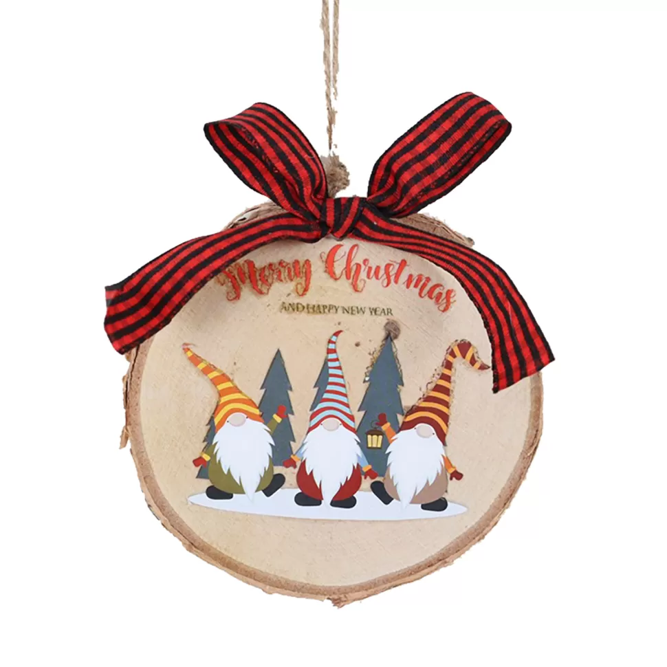 Christmas Forever ORN WOODEN DISC NAT. 4″ W/ GNOMES RED/ BLACK BOW