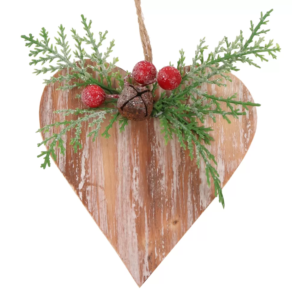 Christmas Forever ORN WOODEN HEART 4″ WHITEWASH W/ CEDAR & BERRIES