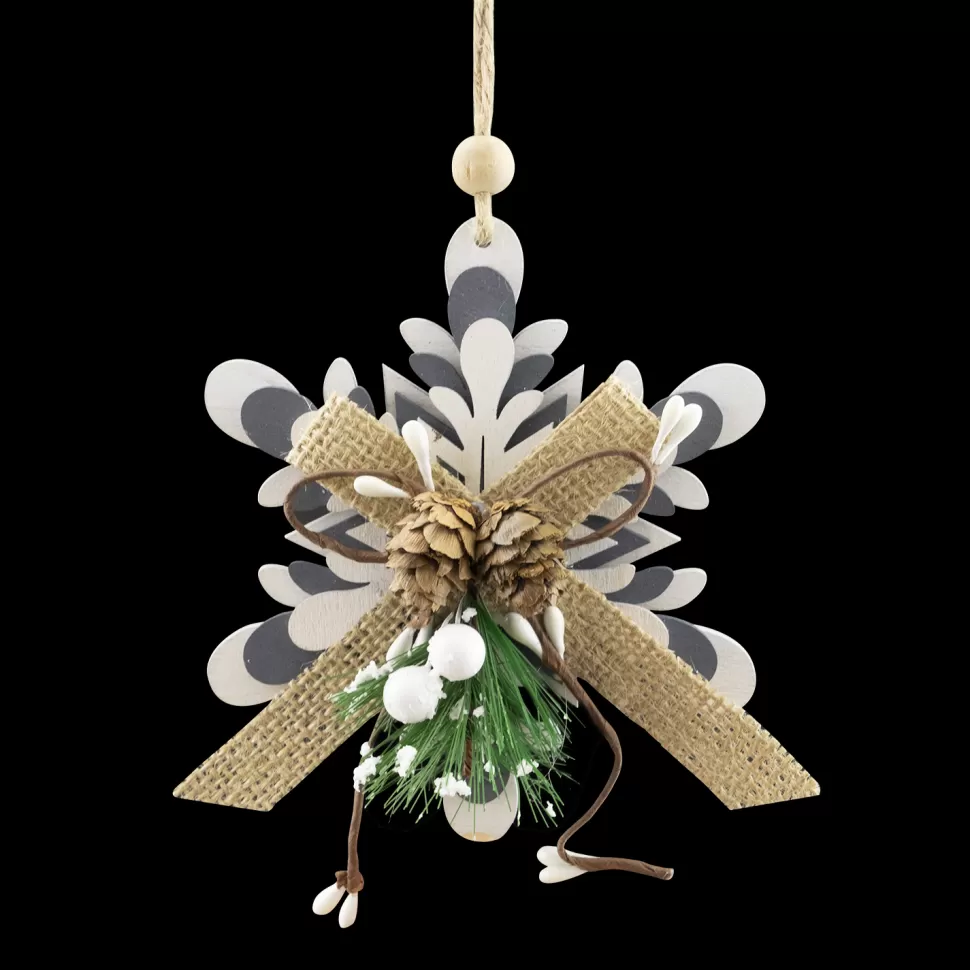 Christmas Forever ORN WOODEN SNOWFLAKE 5″ WHITE/ GRAY W/BOW & GRNS