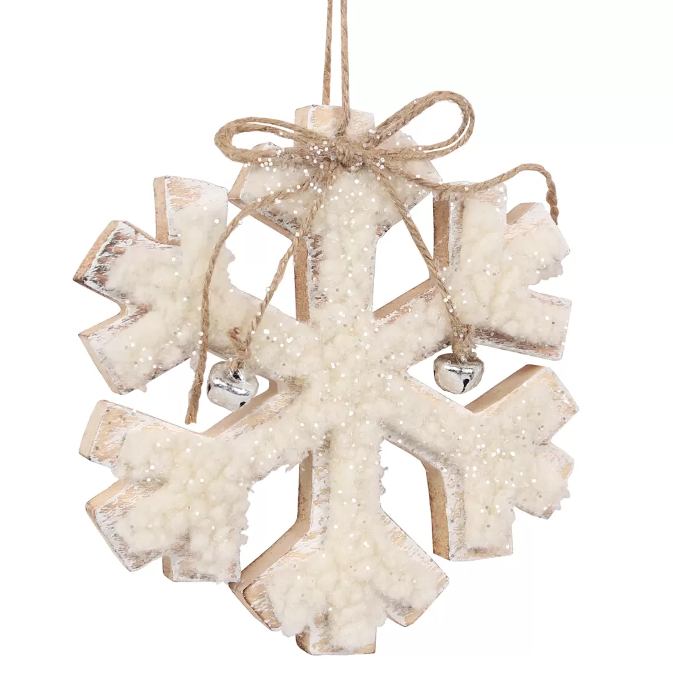 Christmas Forever ORN WOODEN SNOWFLAKE 6.5″ NATURAL/WHITE W/ SHERPA & BOW