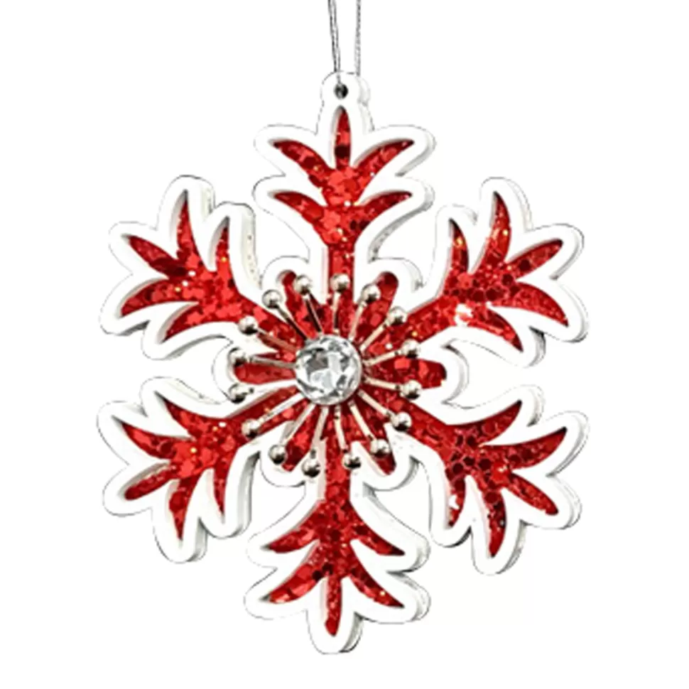 Christmas Forever ORN WOODEN SNOWFLAKE 6″ W/GEM RED/ WHITE