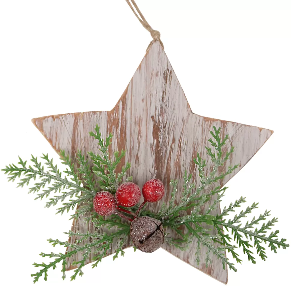 Christmas Forever ORN WOODEN STAR 4″ WHITEWASH W/ CEDAR & BERRIES