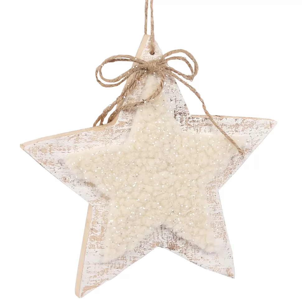 Christmas Forever ORN WOODEN STAR 8.5″ NATURAL/ WHITE W/ SHERPA & BOW