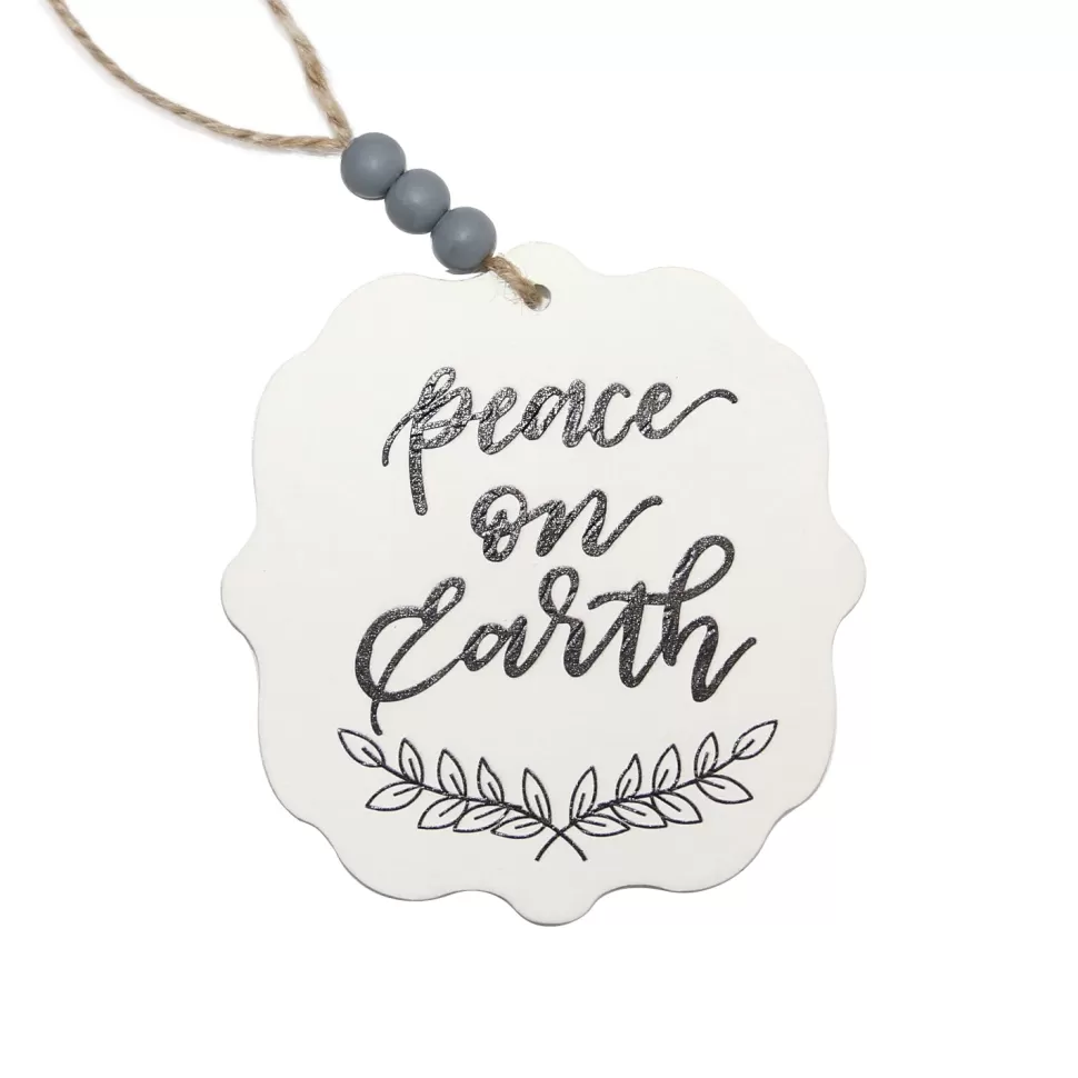 Christmas Forever ORN WOODEN TAG 4″ WHITE “PEACE ON EARTH” 4″