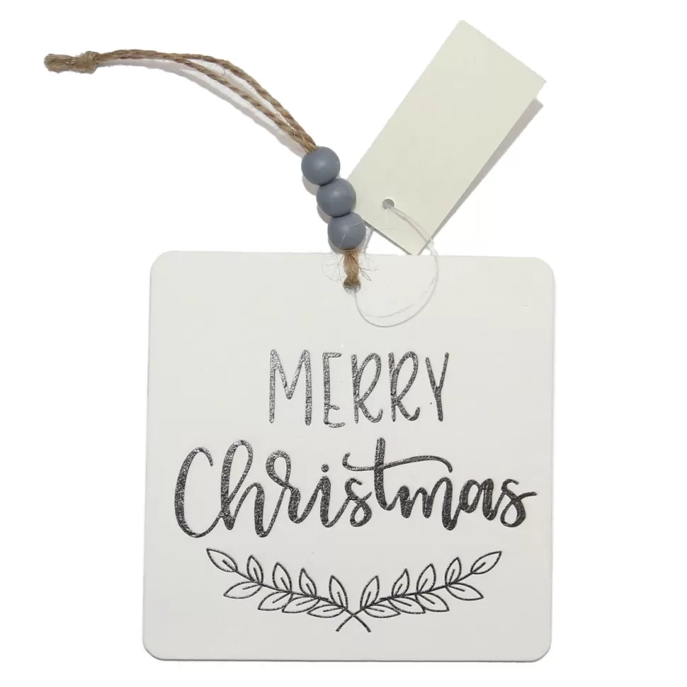 Christmas Forever ORN WOODEN TAG 4″W/ MERRY CHRISTMAS WHITE/BLACK/GREY