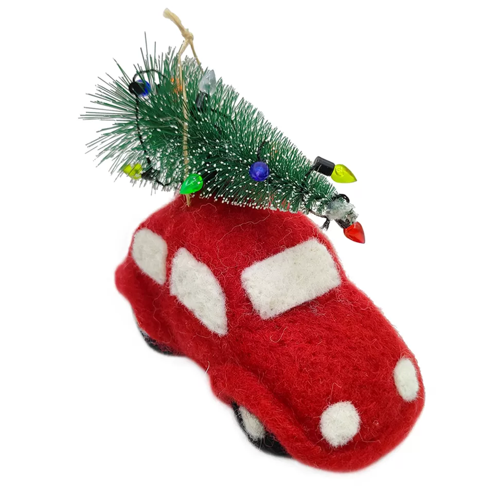 Christmas Forever ORN WOOL AUTO CAR W/ CHRISTMAS TREE 3″ RED/GREEN