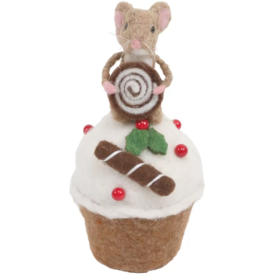 Christmas Forever ORN WOOL BAKERY MOUSE 6.5″ BROWN/WHITE MOUSE ON A CUP CAKE