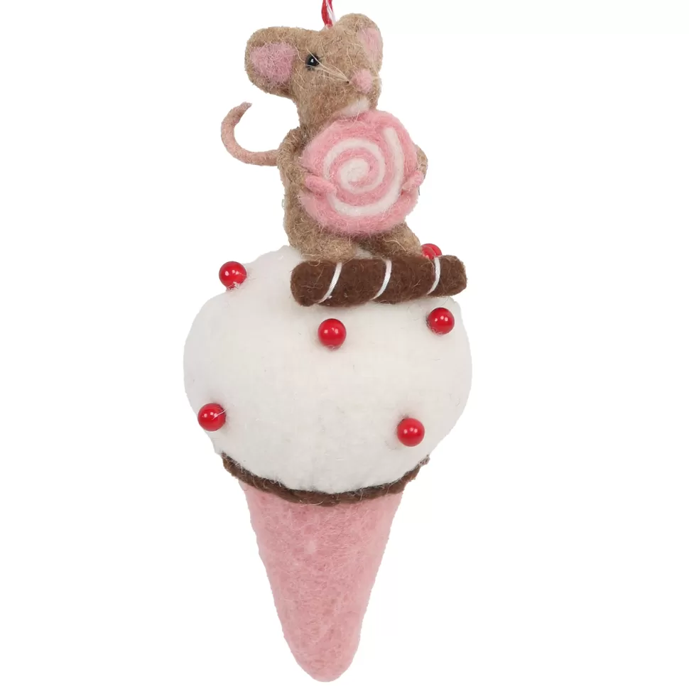 Christmas Forever ORN WOOL BAKERY MOUSE 9″ BROWN/WHITE ON AN ICE CREAM