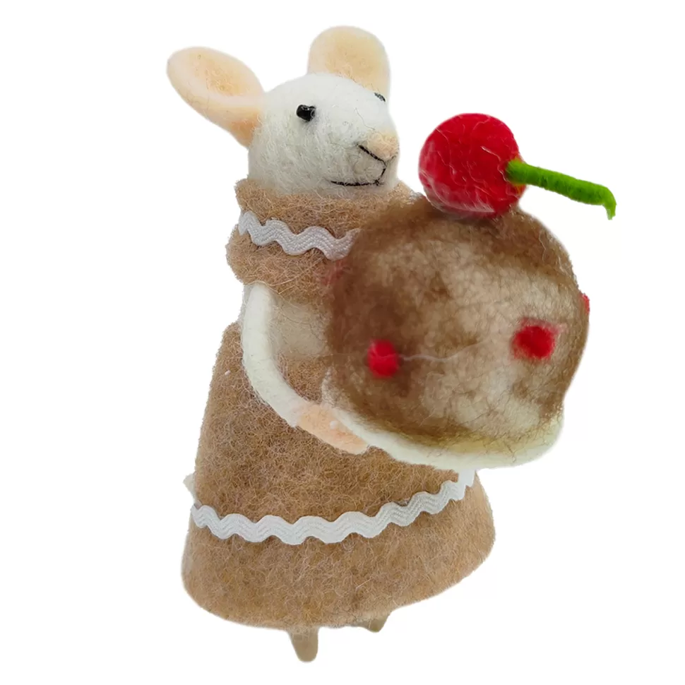 Christmas Forever ORN WOOL BAKERY MOUSE HOLDING CAKE 4.5″ BROWN/WHITE