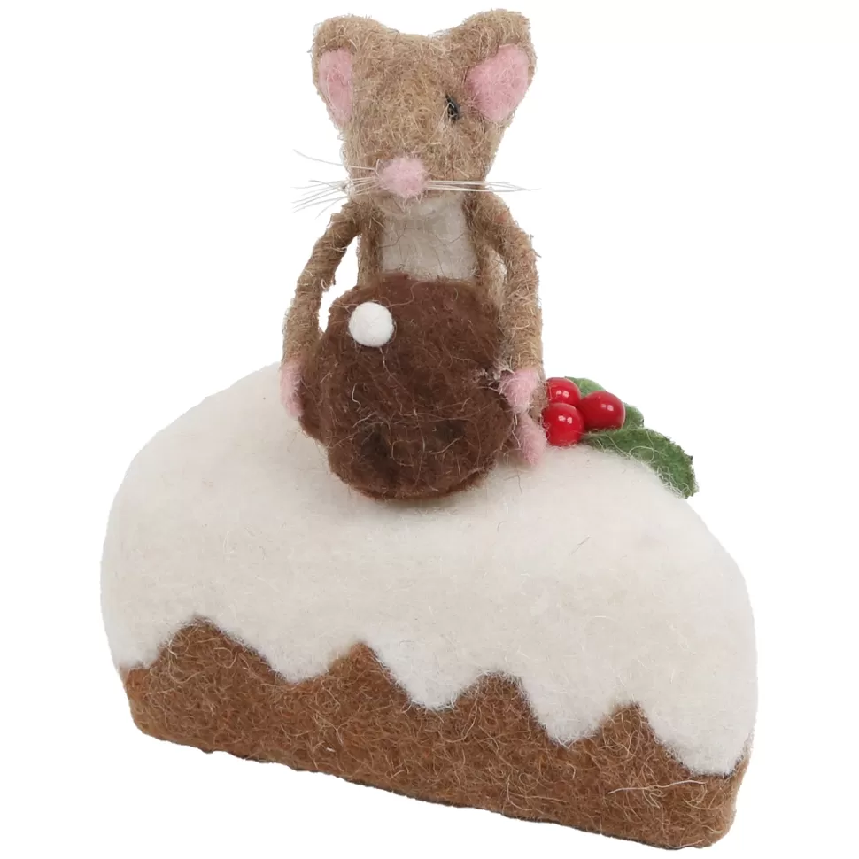 Christmas Forever ORN WOOL BAKERY MOUSE TABLE DECOR 4.5″ BROWN/WHITE ON A CHEESE