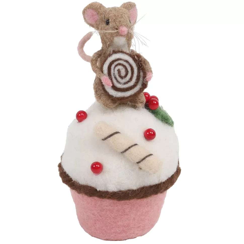 Christmas Forever ORN WOOL BAKERY MOUSE TABLE DECOR 6.5″ BROWN/WHITE ON A CUP CAKE
