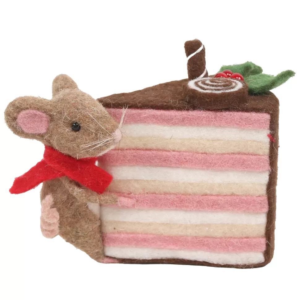 Christmas Forever ORN WOOL BAKERY MOUSE TABLE DECOR 7.5″ BROWN/WHITE CLINGING TO A CAKE