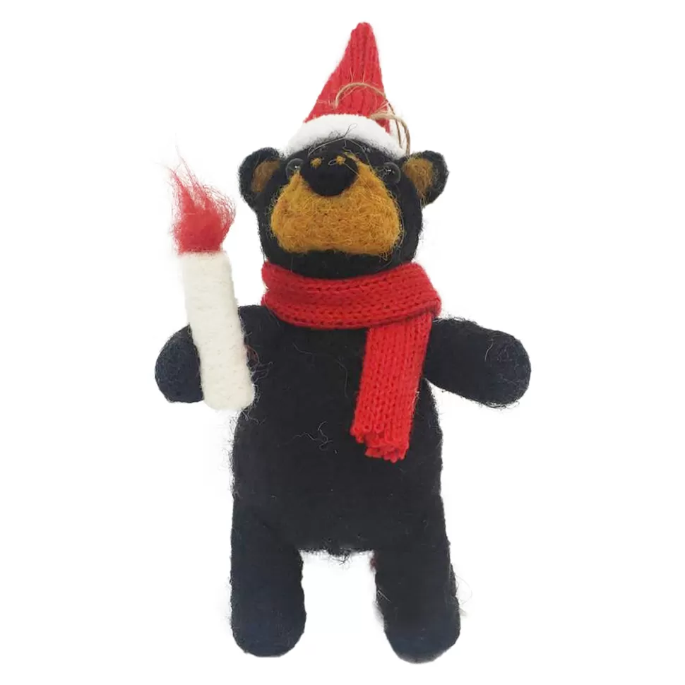 Christmas Forever ORN WOOL BEAR 6″X4″X3″ BLACK W/ SANTA HAT&SCARF