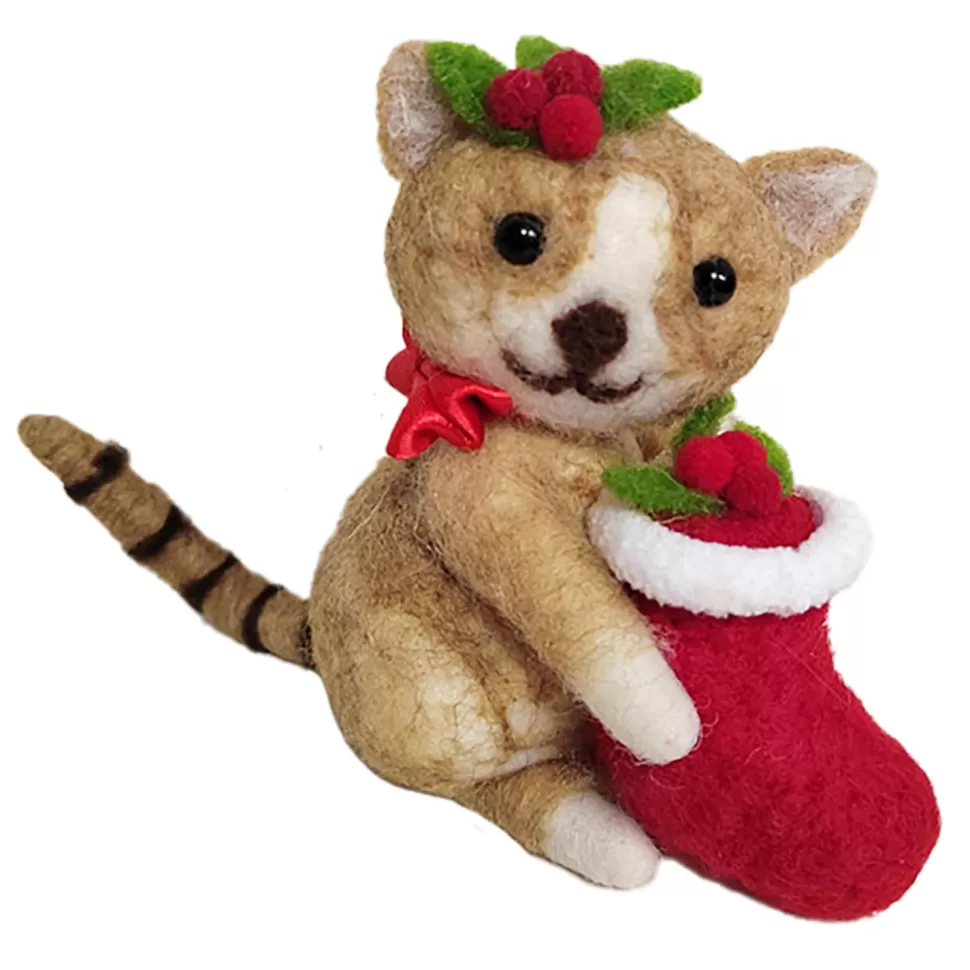 Christmas Forever ORN WOOL CAT 4″ W RED STOCKING