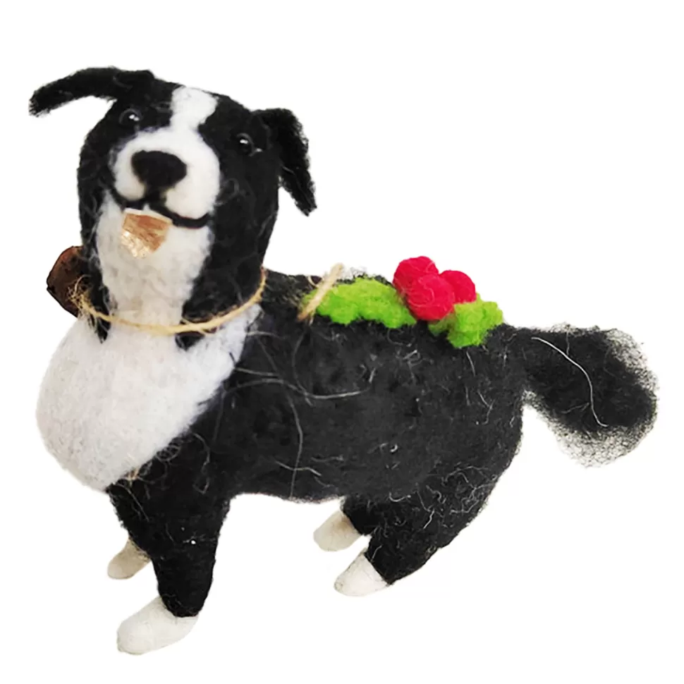 Christmas Forever ORN WOOL DOG 4.5″ BLACK & WHITE W/ BELL AND HOLLY