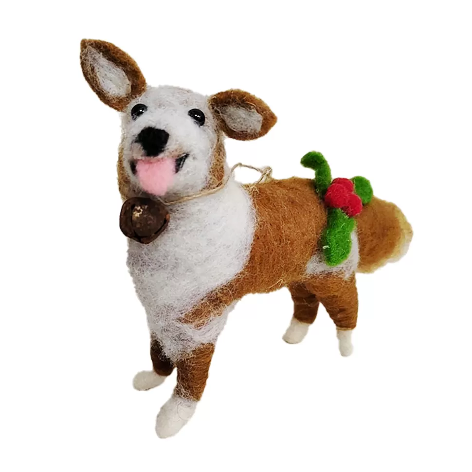 Christmas Forever ORN WOOL DOG 4.5″ BROWN & WHITE W/ BALL
