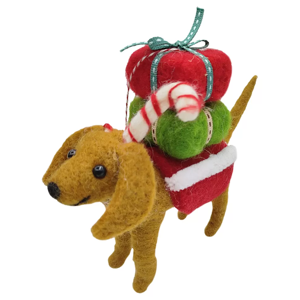 Christmas Forever ORN WOOL DOG CARRYING GIFT BOXES 4.5″ RED/BROWN