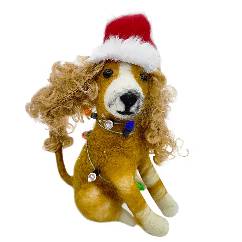 Christmas Forever ORN WOOL DOG SITTING W/ LIGHTS & SANTA HAT 4.5″ RED/BROWN