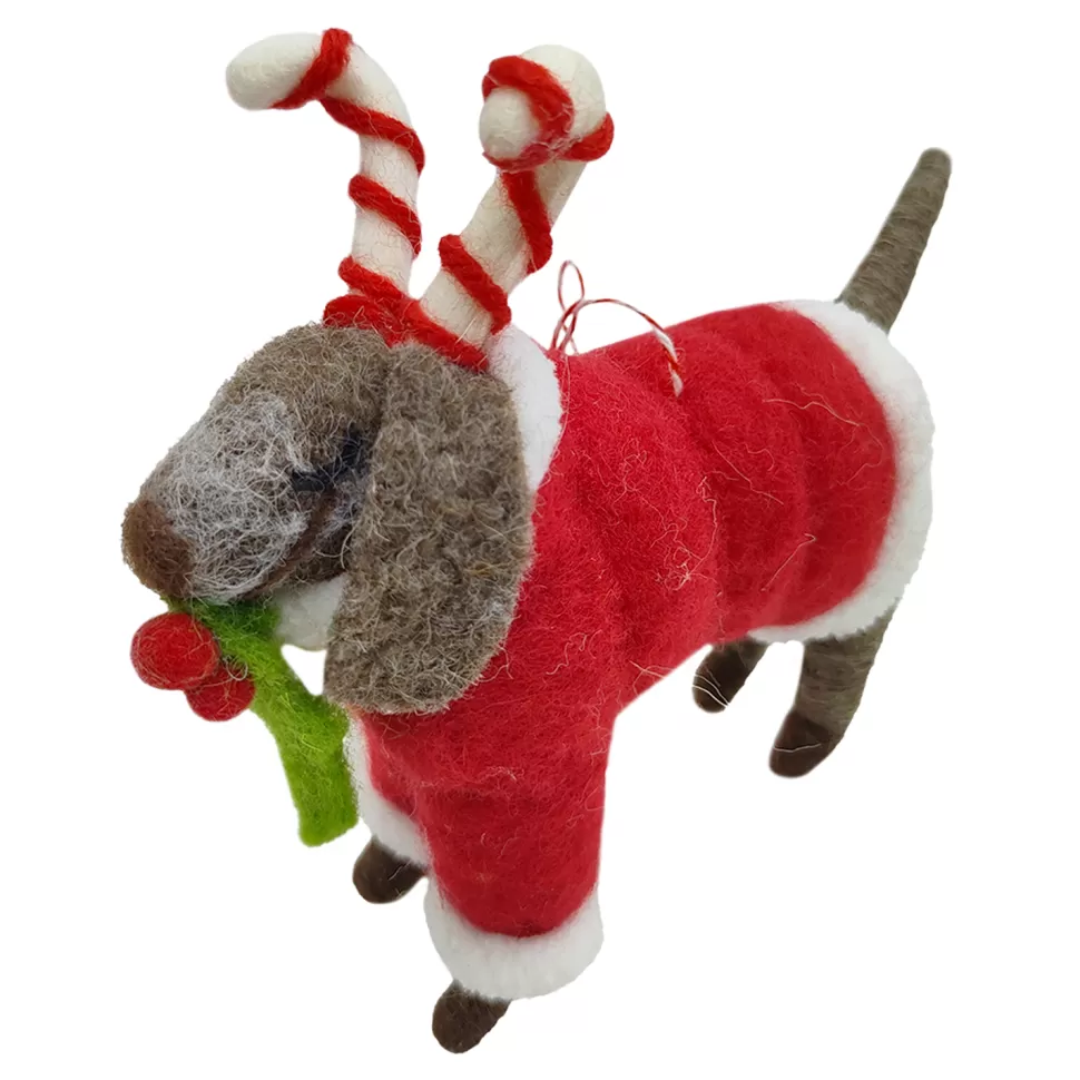 Christmas Forever ORN WOOL DOG STANDING W/ CANDY CANE & HOLLY 4.5″ RED/GREEN