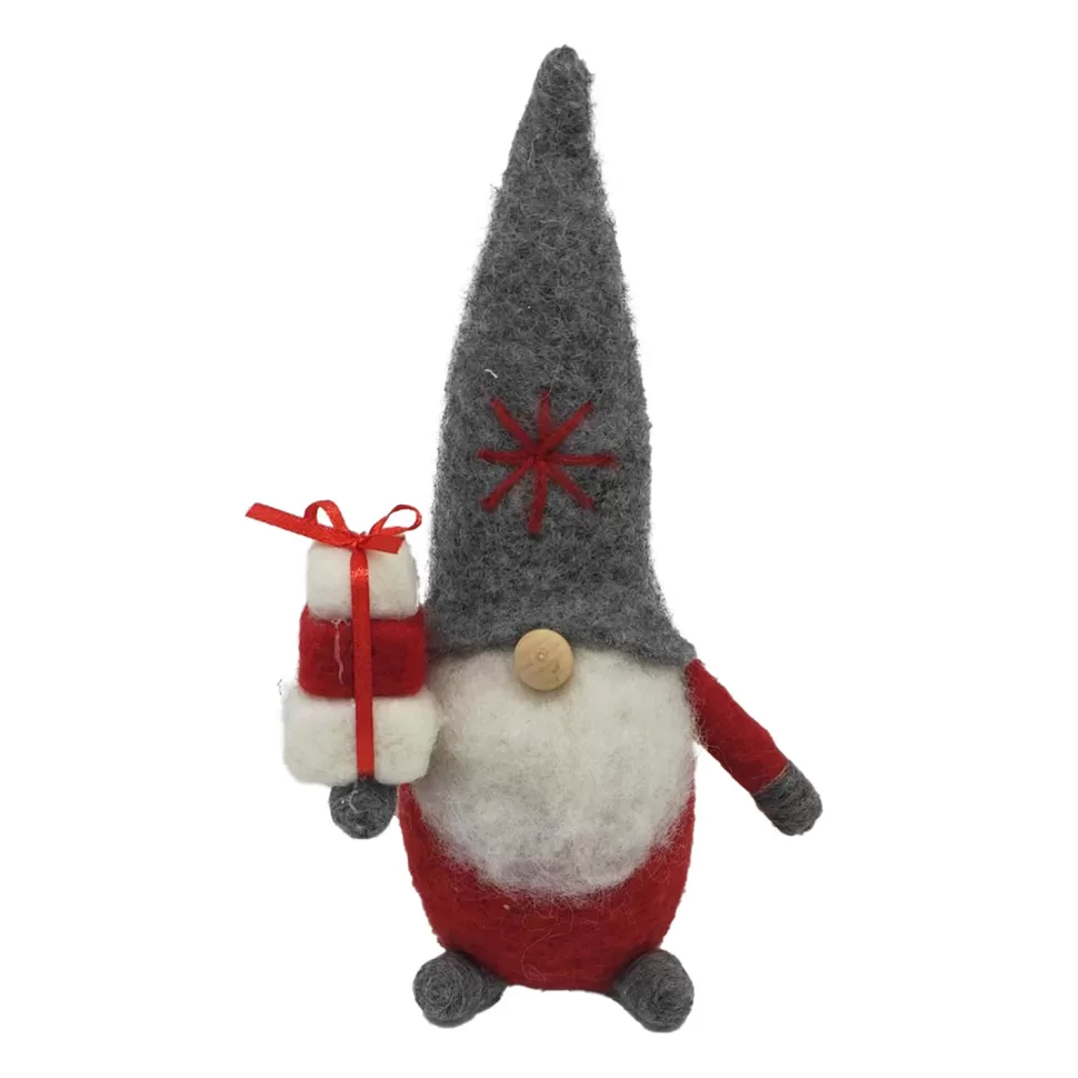 Christmas Forever ORN WOOL GNOME 4″X2″X5″ HOLDING GIFTS W/ GRAY HAT